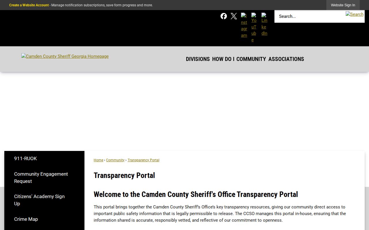 Camden County Sheriff's Office Transparency Portal for booking records and alerts