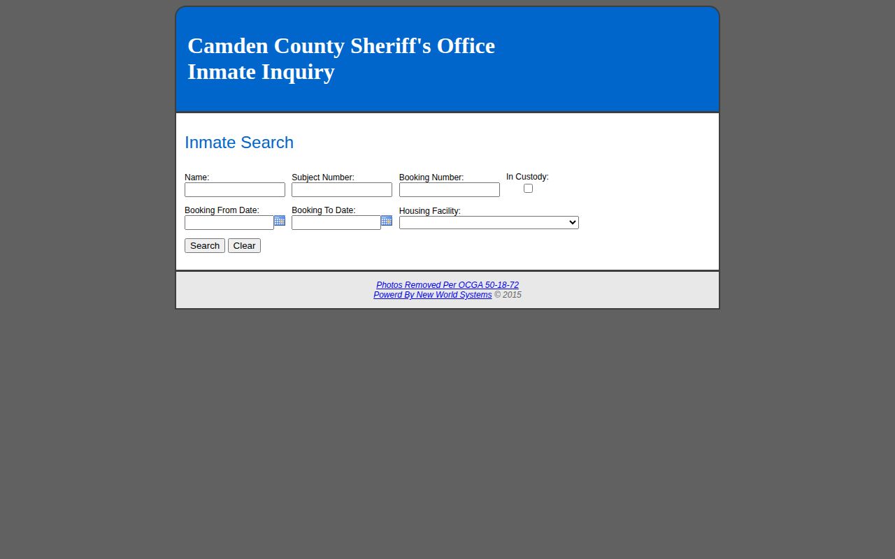 Camden County Public Safety Complex inmate inquiry search fields